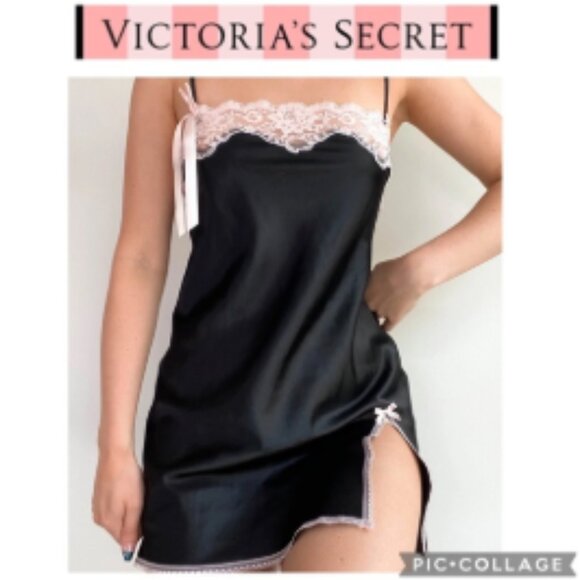 Victoria's Secret Angels Black Satin Pink Lace-Ribbon Slip Dress SZ Large Womens - Picture 1 of 16